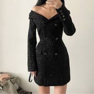 HEIRESS BEVERLY HILLS Black tweed off the shoulder long sleeve blazer mini dress
